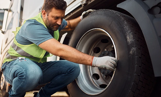 Victory Truck Shop mechanic checking the truck's wheel